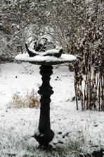 neige sur le bain d'oiseaux au Jardin de la Salamandre en Dordogne